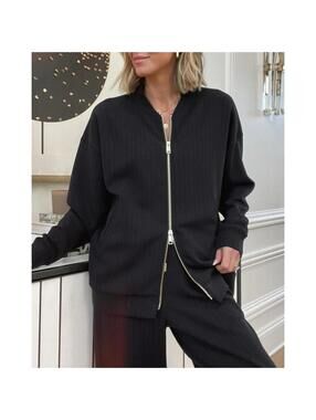 Splendid x Cellajaneblog Rib Scuba Zip-Up Jacket in Black-Size X-Small